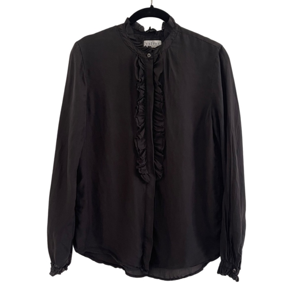 100% Silk Velvet by Graham and Spencer Tuxedo Ruffle Blouse Size XS